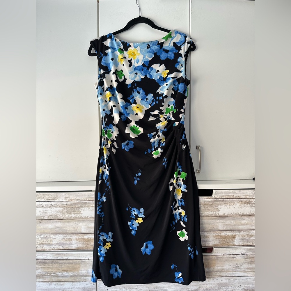 🌸 Lauren Ralph Lauren Blue Floral Ruched Sheath Dress Size 8